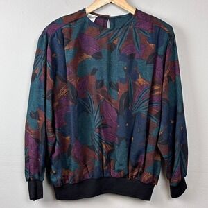 Vintage 80s 90s Blouse Womens Sz L Teal Purple Floral Shoulder Pads Harbor Hills